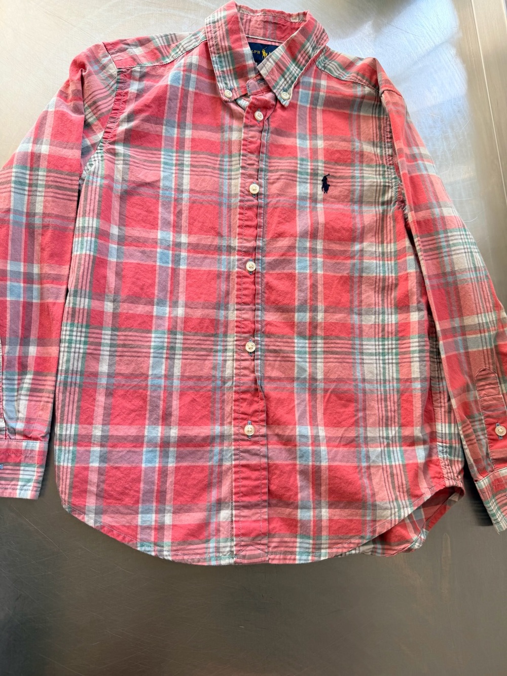 Ralph Lauren Coral Salmon Plaid Button-Down Shirt Size 7